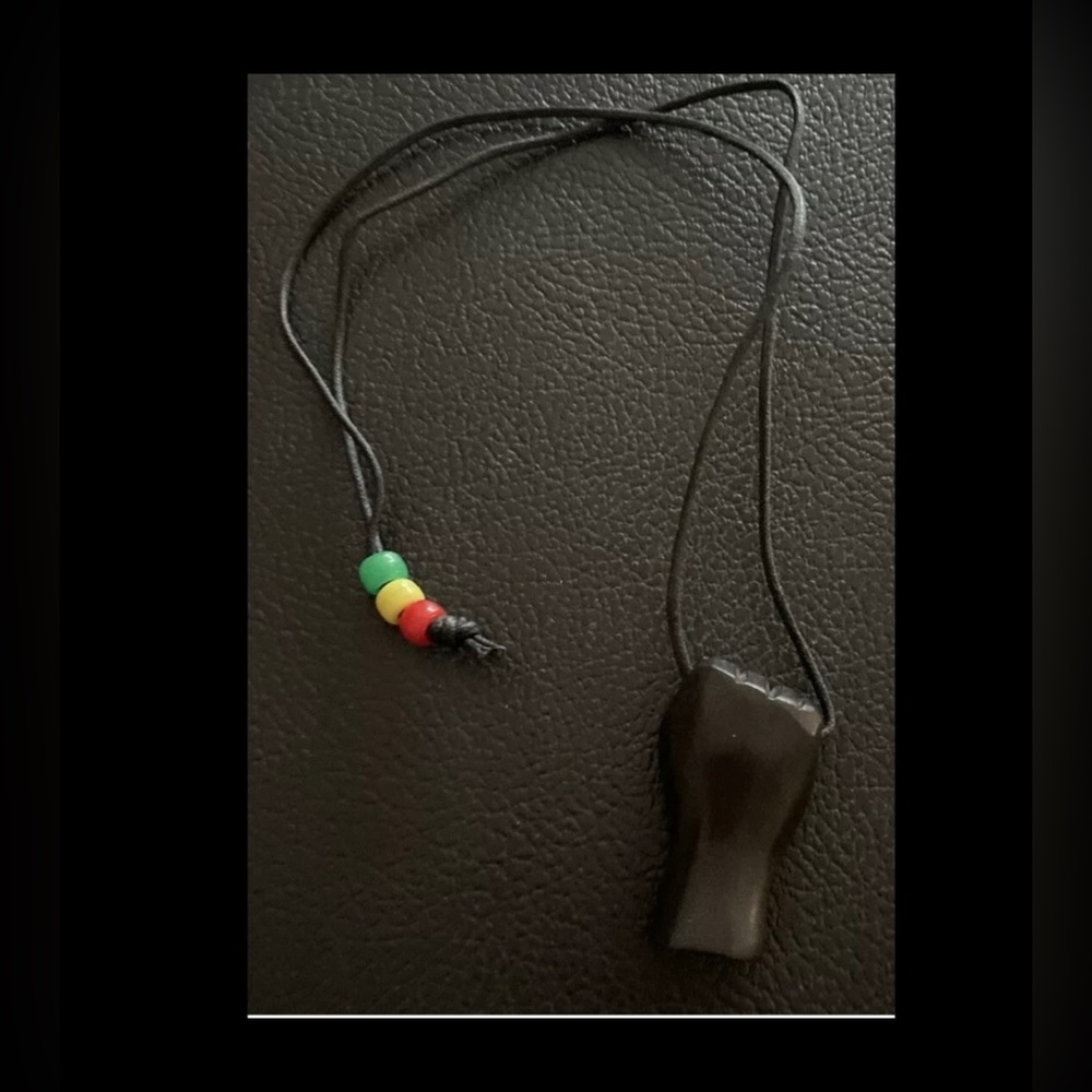Vintage  BLACK POWER FIST WOODEN  NECKLACE 70's Design hand Carved LARGE 2”x 1”